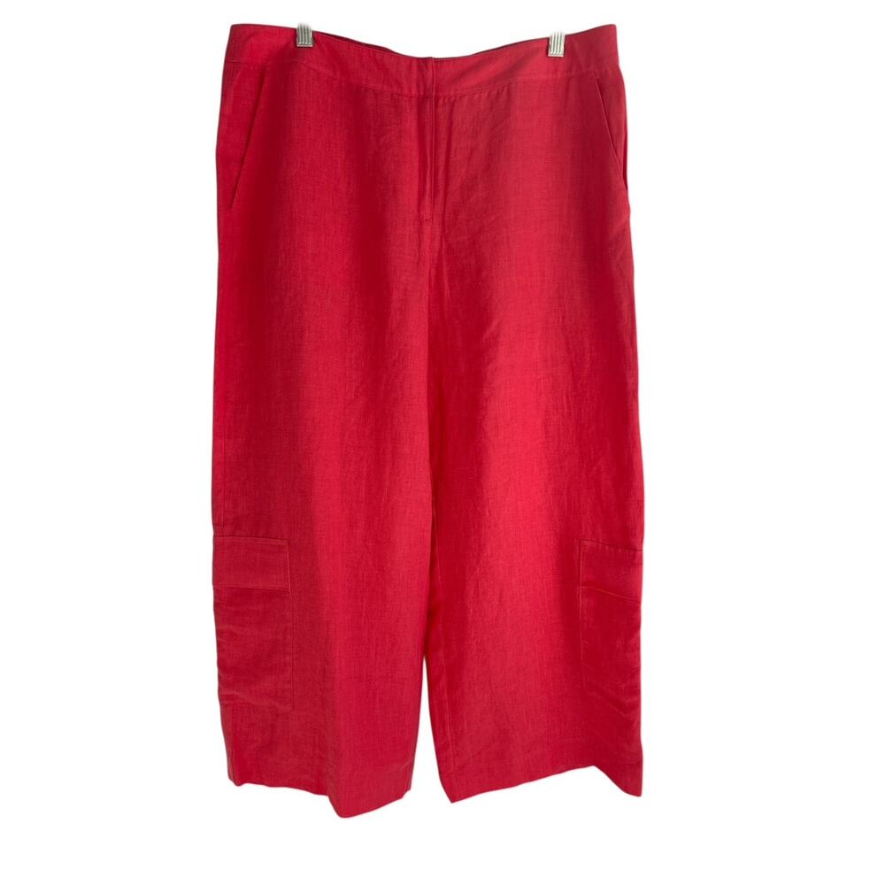 Eileen Fisher Size Medium Petite 100% Linen Wide Leg Cargo Cropped Pants Coral